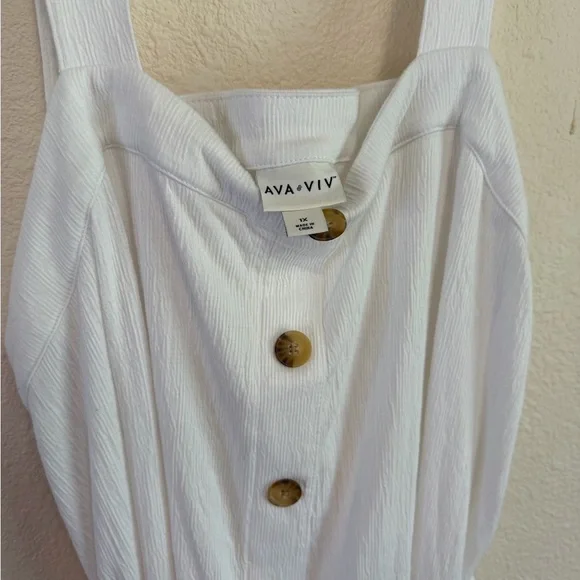 AVA & VIV White Button Front Midi Dress 1X Textured Tie Back - Picture 4 of 11